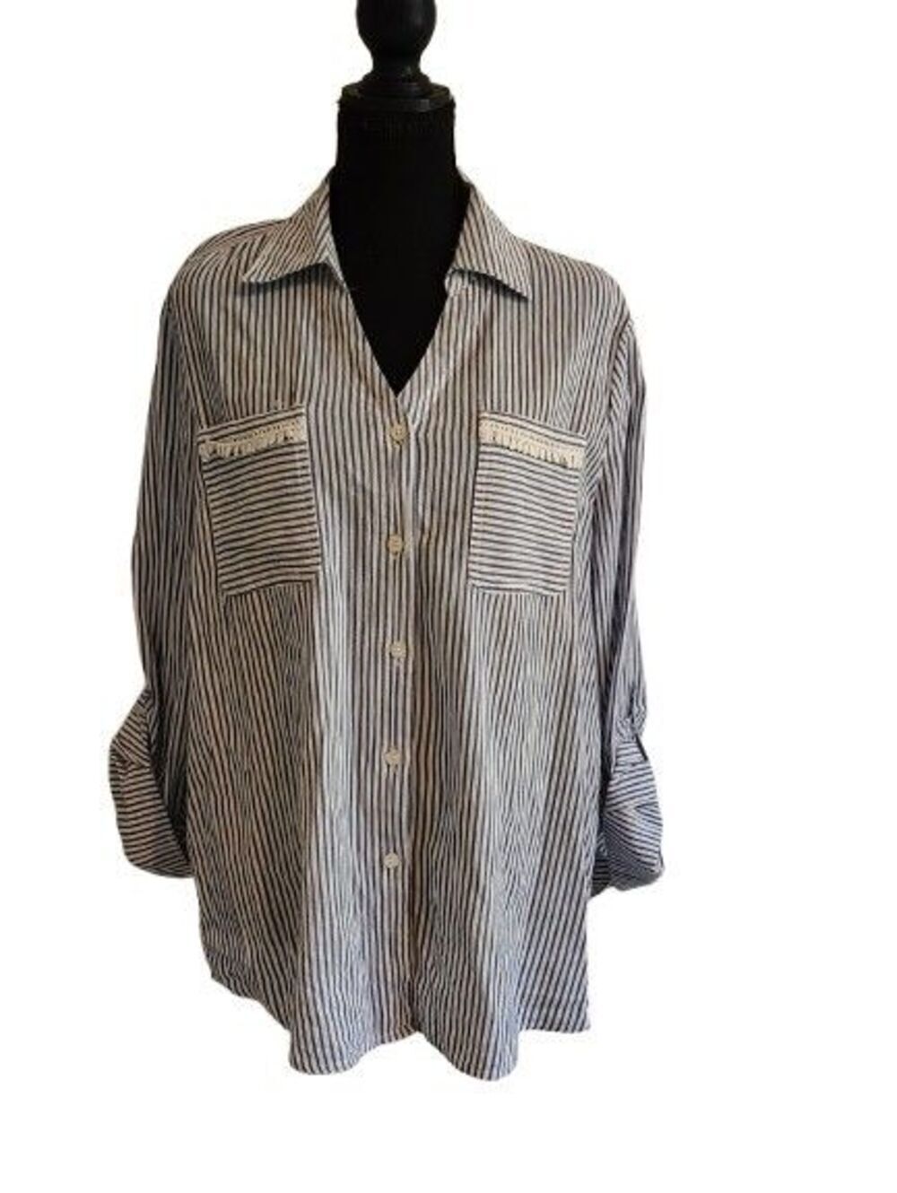Marc New York Cotton Stripe Crochet Lace Back Button Down Top L Blue White...